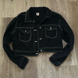 Zumiez black denim cropped jacket with white stitching